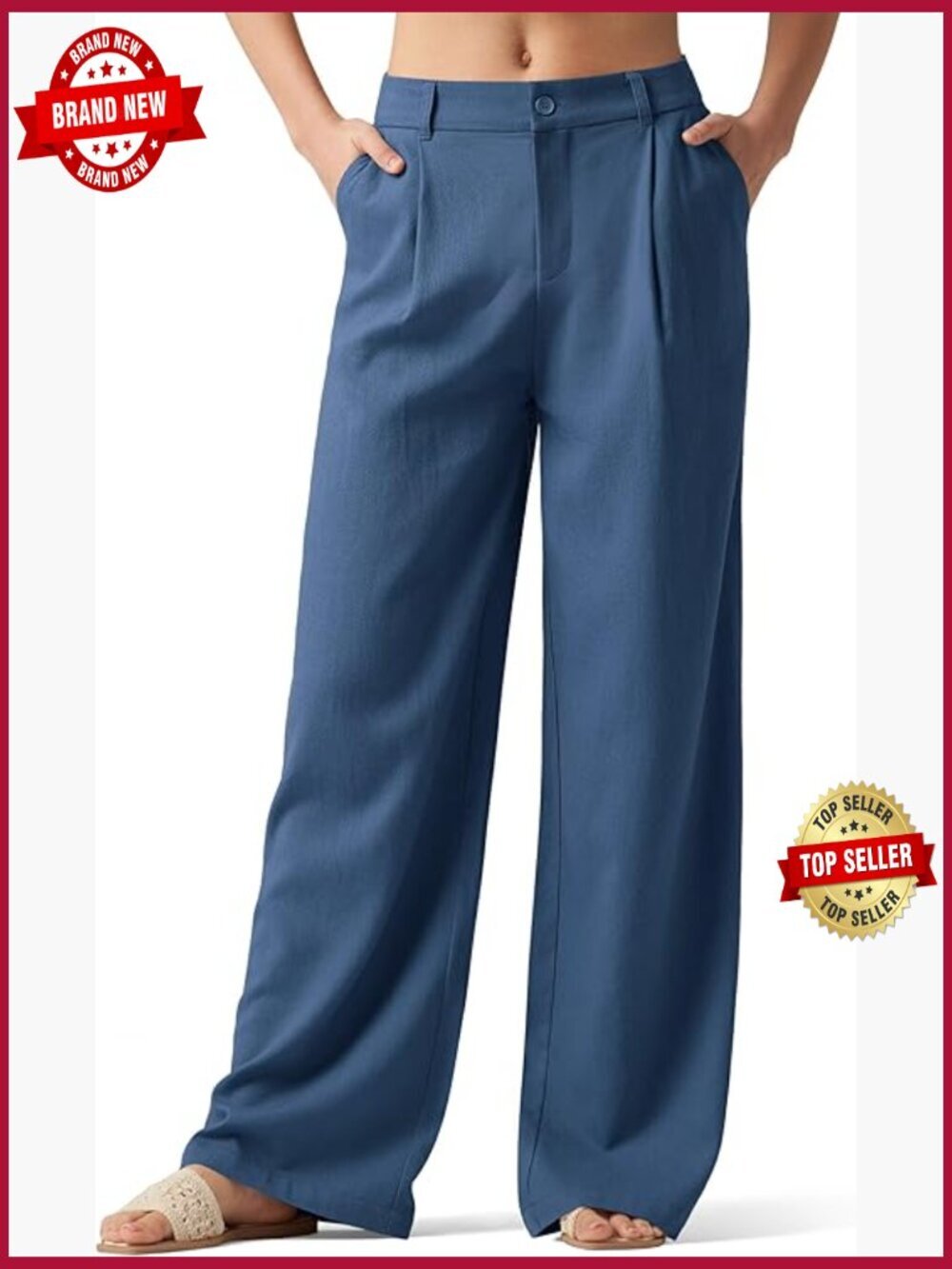 Wide Leg Linen Blend Work Pants with Pockets High Waisted